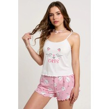 Findit Renkli Kedi Desenli Askılı Şortlu Kadın Pijama Takımı
