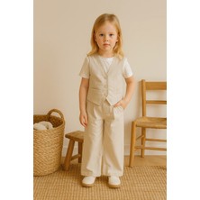 Almira Anne Bebek Kız Çocuk Yelekli - Kısa Kol Tişörtlü - Krem Renk - Pantolon Takım