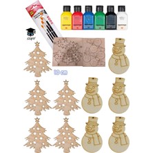 Ahşap Boyama Parçalar Yılbaşı Özel 6X75 ml Akrilik Boya ve 4 Adet Fırça ile