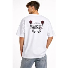 Erkek Bisiklet Yaka Baskılı Kısa Kollu Tişört Streetwear Günlük Basic Pamuklu T-Shirt - Beyaz
