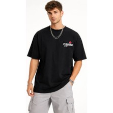 Erkek Bisiklet Yaka Baskılı  Kısa Kollu Tişört Streetwear Günlük Basic Pamuklu T-Shirt - Siyah