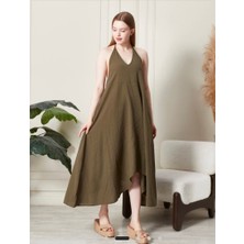 Keten Boyun Bağlama Asimetrik Elbise