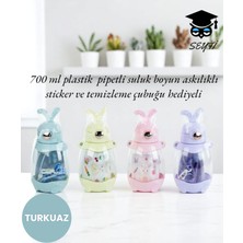 700 ml Plastik Pipetli Suluk Boyun Askılıklı Sticker ve Temizleme Çubuğu Hediyeli
