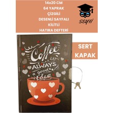 14X20 cm 64 Yaprak Çizgili Desenli Sayfalı Kilitli Hatıra Defteri Günlük Kahve Seri Coffee Notebook