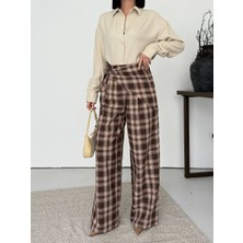 Boom Bester Kadın Ekoseli Palazzo Pantolon – Yüksek Bel Şallı Bol Paça Premium Pantolon Yeni Sezon