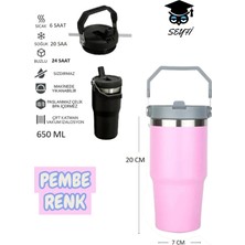 Çelik Termos 650 ml Pipetli ve Tutmalı Geniş Üst Kısmı Pembe Renk Dayanıklı Yapı