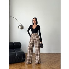 Boom Bester Kadın Ekoseli Palazzo Pantolon – Yüksek Bel Şallı Bol Paça Premium Pantolon Yeni Sezon