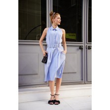 Gömlek Yaka Kemerli Elbise Mavi S255061