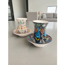 Artistic Quality Dekoratif 2 Kişilik Şık Lale Çini Tasarımlı Tamamen El Yapımı Çay Bardağı Seti