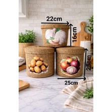 Sarda 3’lü Doğal Hasır Sebze Sepeti Seti Kapaklı – Sebze Saklama Sepeti , Dekoratif Mutfak Organizer