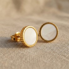 Zeino Yuvarlak Beyaz Sedefli Çelik Küpe - 18K Altın Rengi Kaplama 9 mm Çap