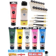 6 Renk 100 ml Ekstra Yoğun Akrilik Boya Seti 140 cc Parlak Vernik Şişeli Palet 4 Adet Fırça