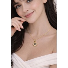 No Name Çelik Gold Desenli Taşlı Güneş Bijuteri Kolye