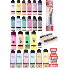 140 ml Akrilik Boya Seti 12 Ana Renk 4 Neon 6 Pastel Şişeli Palet 4'lü Fırça Artdeco