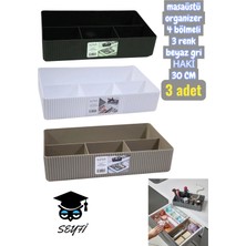 3 Adet Masaüstü Organizer 4 Bölmeli 3 Renk Beyaz Gri Haki 30 cm
