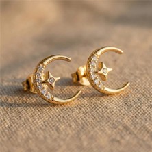 Zeino Ay ve Yıldız Zirkon Taşlı Çelik Küpe - 14K Altın Kaplama 13 mm