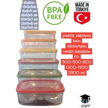 Plastik Saklama Kabı Dikdörtgen Renkli Kapaklar 6'lı 300-500-800-1200-1900-2900 ml