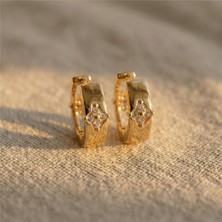 Zeino Yıldız Zirkon Taşlı Halka Çift Yönlü Çelik Küpe - 14K Altın Kaplama 15 mm