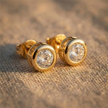 Zeino Tek Taş Zirkon Çelik Küpe - 14K Altın Rengi Kaplama 9 mm Çap