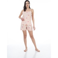 Estiva 22023 Kadın Kalp Desenli Viskon Askılı Şortlu Pijama Takımı