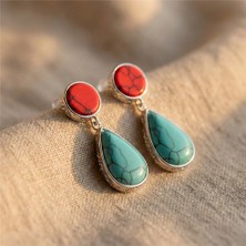 Zeino Kırmızı Mavi Turkuaz Taşlı Sallantılı Damla Küpe - Gümüş Rengi Kaplama 3,7 cm