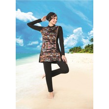 Ruko Maio 22126-3 Desenli Kol Biyeli Yarım Balıkçı Yaka Micro Lycra Tam Tesettür Mayo