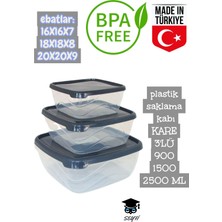 Plastik Saklama Kabı Kare 3'lü 900 1500 2500 ml