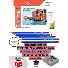 Karakalem Çizim Seti 25X35 cm 120 gr Defter 20 Sayfa 10 Renkli 10 Beyaz Kağıt Hb-2b-3b-5b-6b Kalem