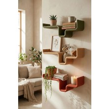 Puffin Design Edge 3'lü Dekoratif Duvar Rafı Seti (Bej, Yeşil, Terracotta)