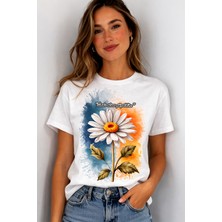 Gmt Ambalaj Kadın Beyaz T-Shirt - Papatya Baskılı “sade Olan Güzeldir” Tasarım