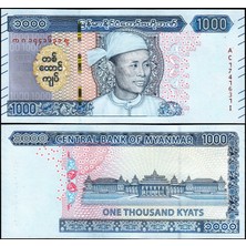 3Alp Koleksiyon Myanmar 1000 Kyats 2019, P#86, General Aung San, Çil, Eski Yabancı Kağıt Para