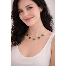 No Name Yonca Motifli Yeşil Gold Kolye