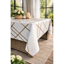 Bej Kırık Beyaz Gold Şerit Desenli Masa Örtüsü – Silinebilir Lüks Muşamba Sofra Bezi