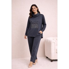 Taş Detaylı Dik Yaka Tunik Pantolon Takımı