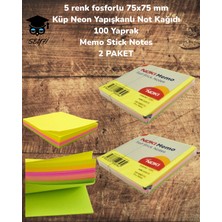 5 Renk Fosforlu 75X75 mm Küp Neon Yapışkanlı Not Kağıdı 100 Yaprak Memo Stick Notes