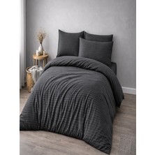 Vionetta Pamuk Saten Antrasit Çizgili Otel Serisi Lastikli Çarşaflı Çift Kişilik Nevresim Takımı