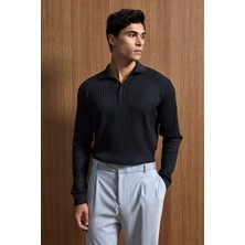Abluka Online Erkek Slim Fit Polo Yaka Fitilli Örme Triko Kazak Siyah