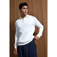 Abluka Online Erkek Slim Fit Polo Yaka Fitilli Örme Triko Kazak Ekru