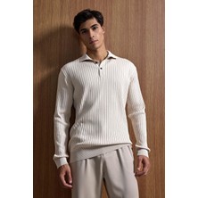 Abluka Online Erkek Slim Fit Polo Yaka Fitilli Örme Triko Kazak Taş Rengi
