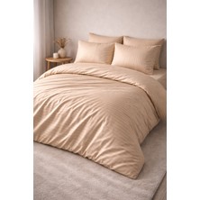 Vionetta Pamuk Saten Çizgili Bej Çizgili Otel Serisi Lastikli Çarşaflı Çift Kişilik Nevresim Takımı