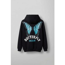 Abluka Online Unisex Oversize Kelebek Baskılı Kalın Kapüşonlu Sweatshirt Siyah