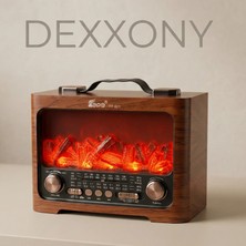 Dexxony Kahverengi Şömine Efektli Nostaljik Ahşap Radyo - Şarjlı Taşınabilir Bluetooth Hoparlör, FM/AM/SW