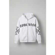 Erkek Oversize Baskılı Kanguru Cepli Fermuarlı Hoodie Beyaz