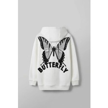Abluka Online Unisex Oversize Kelebek Baskılı Kalın Kapüşonlu Sweatshirt Beyaz