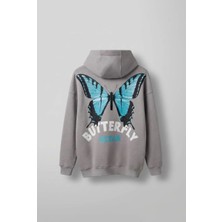 Abluka Online Unisex Oversize Kelebek Baskılı Kalın Kapüşonlu Sweatshirt Gri