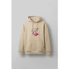 Abluka Online Unisex Oversize 'Hero Angel' Grafik Baskılı Kapüşonlu Sweatshirt Bej