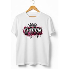 Texrium Quenn - Kraliçe Yazılı Grafiti Tasarım Taç Baskılı Pamuk Kadın T-Shirt