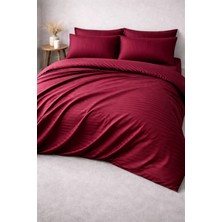 Vionetta Pamuk Saten Bordo Çizgili Otel Serisi Lastikli Çarşaflı Çift Kişilik Nevresim Takımı