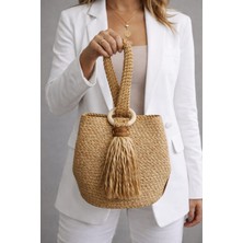 Sarda Şık Kadın Hasır El Çantası Püskül Detaylı