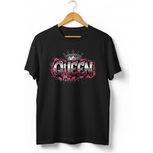 Texrium Quenn - Kraliçe Yazılı Grafiti Tasarım Taç Baskılı Pamuk Kadın T-Shirt